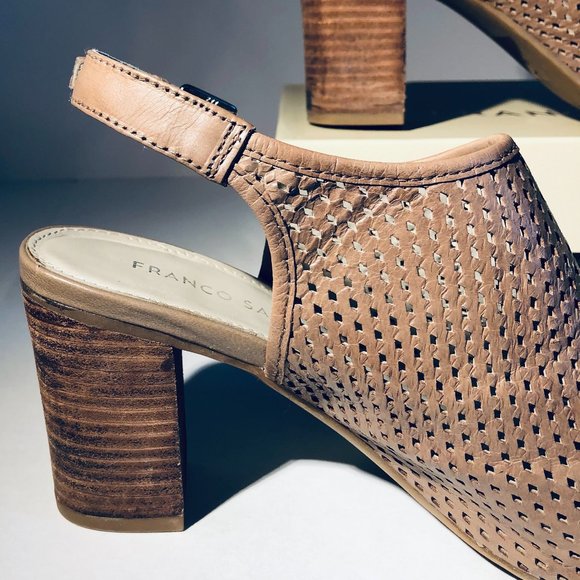 Franco Sarto Tan Leather Perforated Sling Back Heeled Sandals 10M - Picture 3 of 11